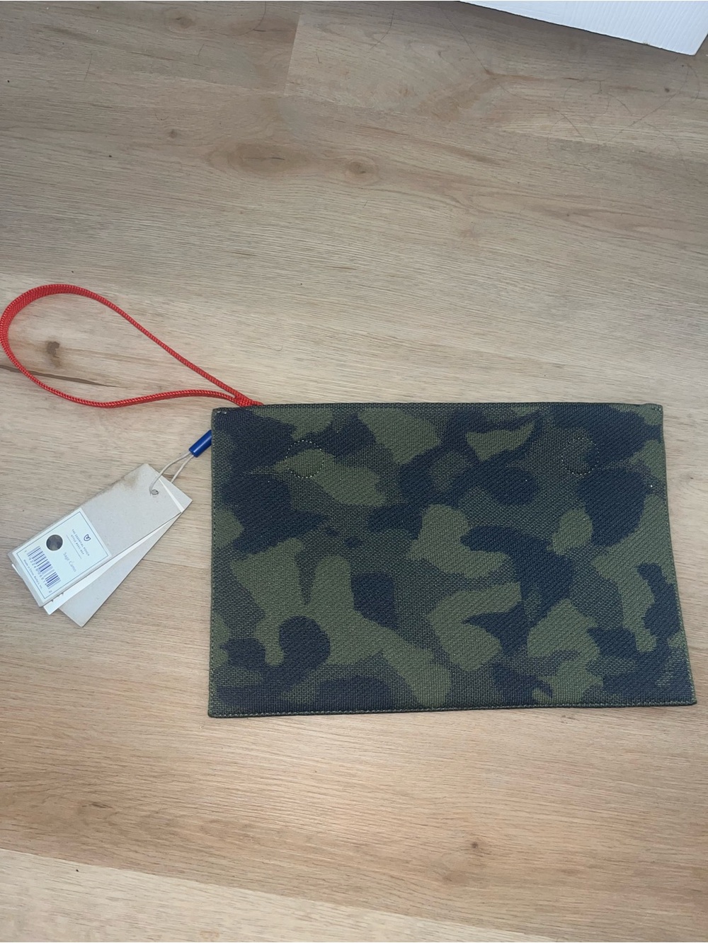 Rothy's Green and Black Camouflage Wristlet with Red Strap